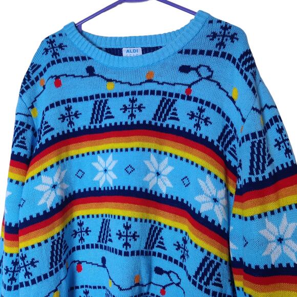 Aldi Gear Holiday Lights Retro Fair Isle Knit Ugly Christmas Sweater Blue XL - Picture 3 of 10